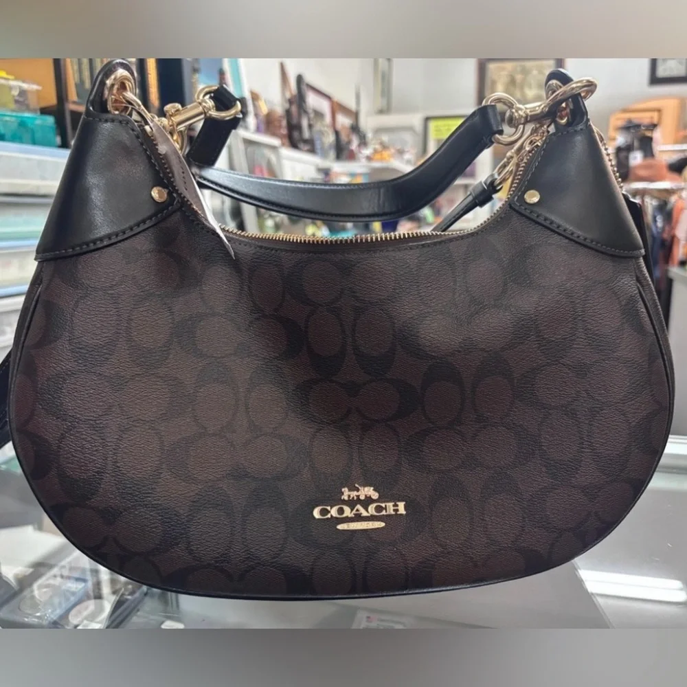 Coach Mara Hobo Black and Brown Signature Bag - Picture 1 of 4